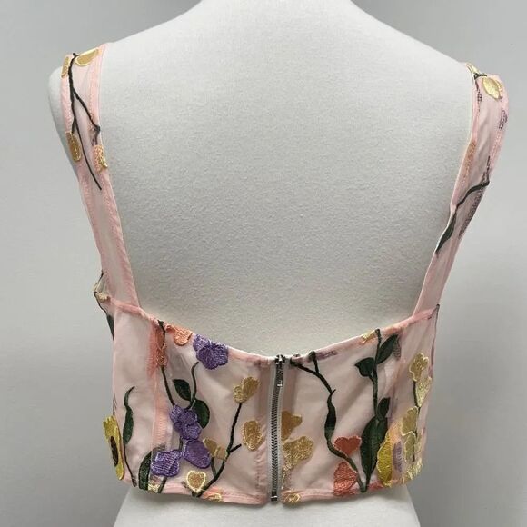 Floral Applique Sleeveless blouse. Embroidered flowers peach pink yellow daisies - Picture 5 of 16